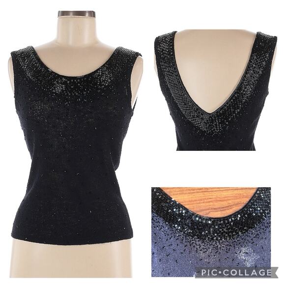 ST JOHN KNIT EVENING Beaded Sequin Embellished Low Back Cami Top Size Medium EUC - Picture 1 of 10